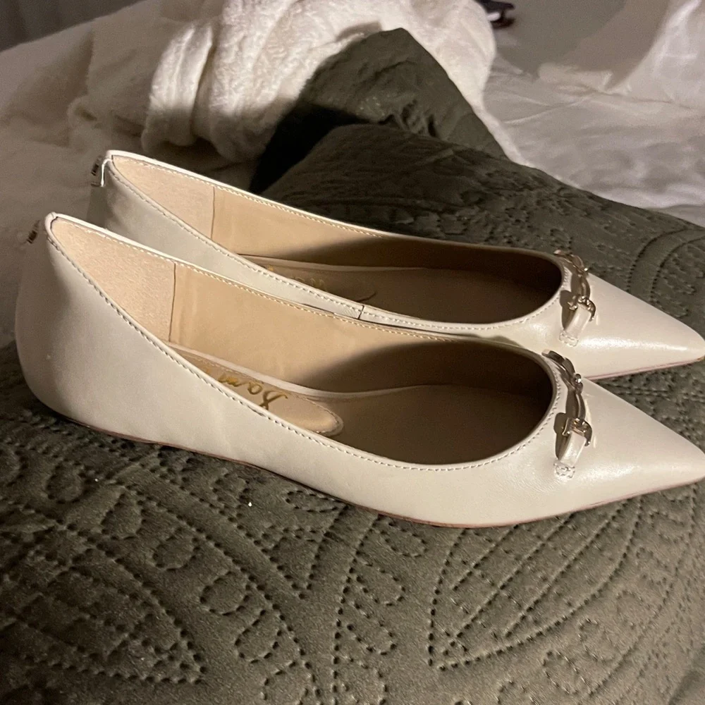 Sam Edelman Ivory Pointed Toe Mule Flats with Gold Bit